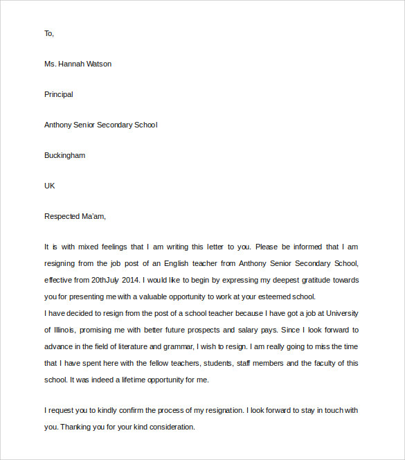 teacher resignation letter to principal