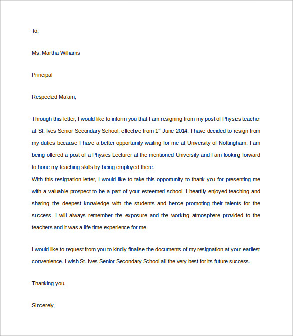 teacher resignation letter to parents