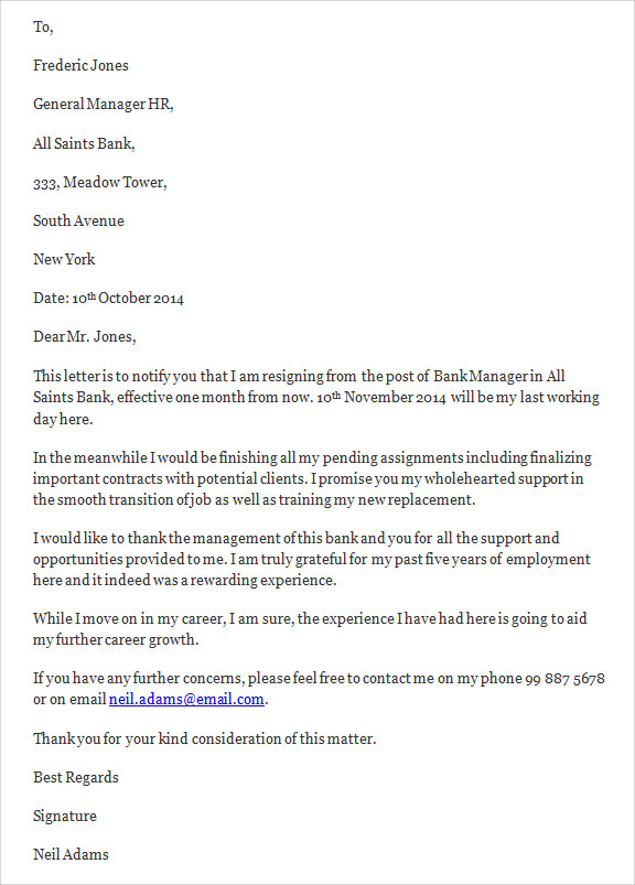 bank manager job resignation letter2