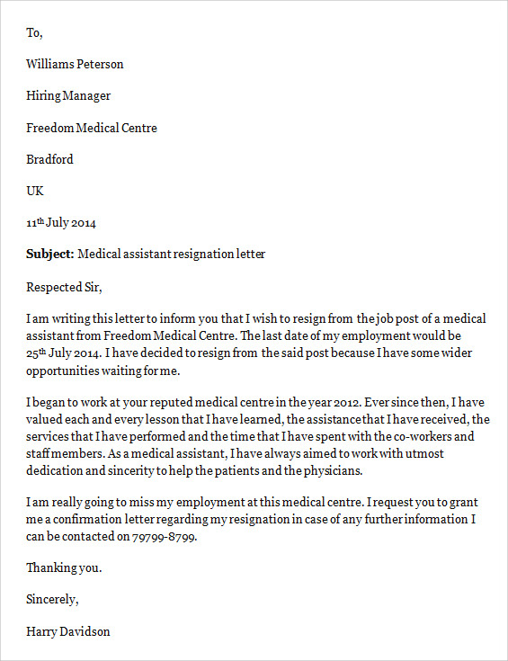 medical assistant job resignation letter2