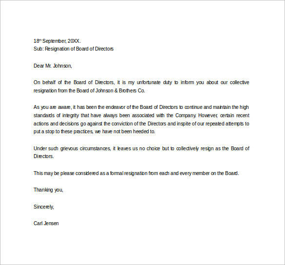 board of directors resignation letter