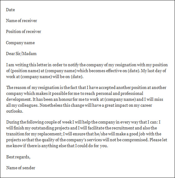 write resignation letter template blank