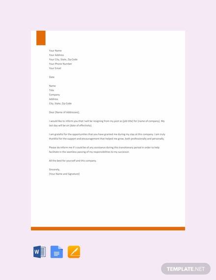free formal resignation letter template