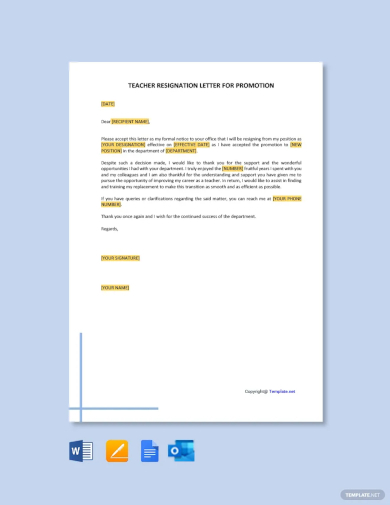 free teacher resignation letter for promotion template