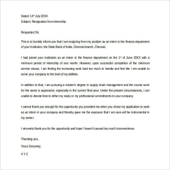 internship resignation letter
