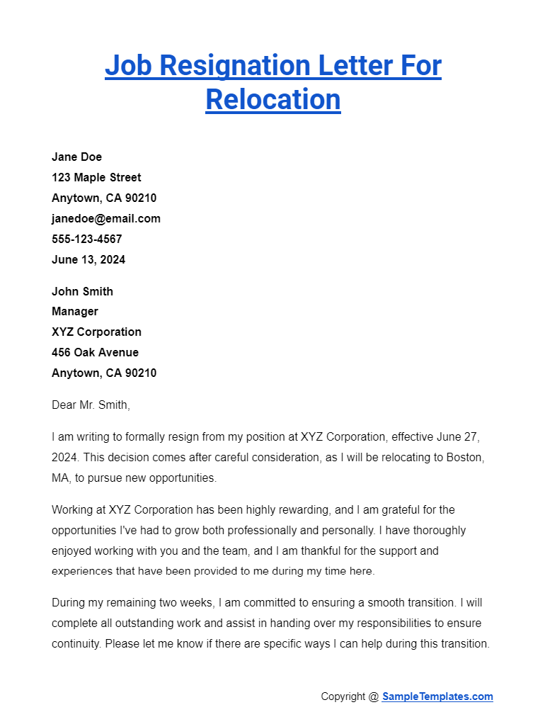 job resignation letter for relocation