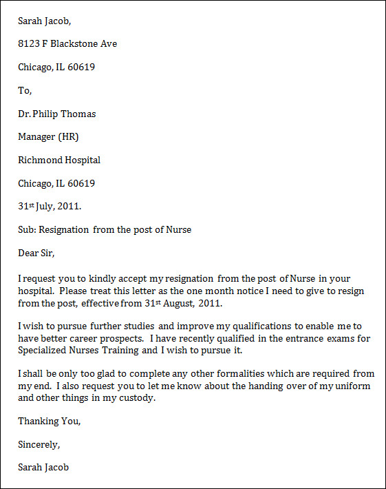 nurse resignation letter