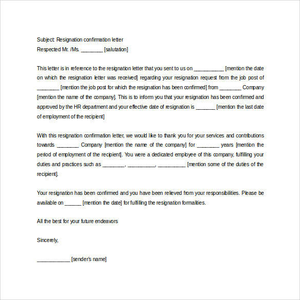resignation confirmation letter