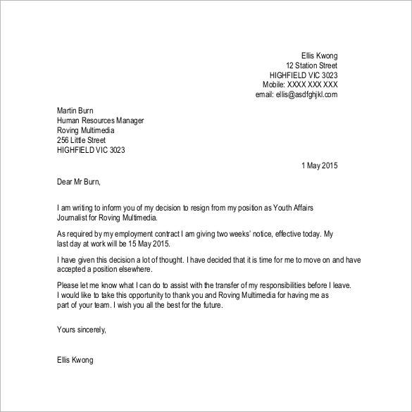 resignation letter of three weeks notice