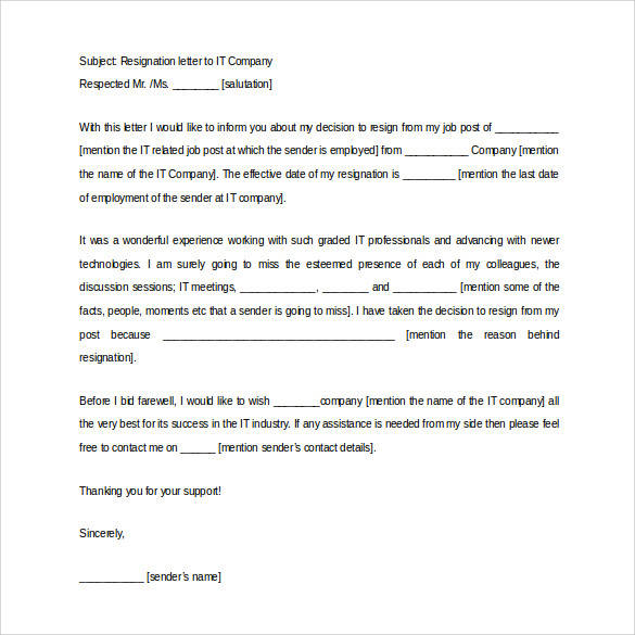 resignation letter to it company