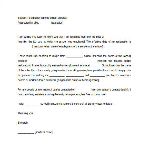 resignation letter to school principal