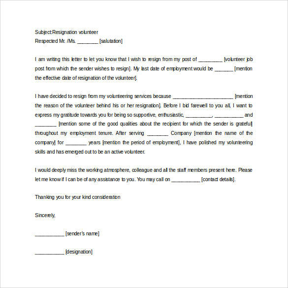 resignation volunteer letter