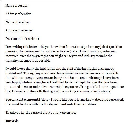 sample nursing resignation letter