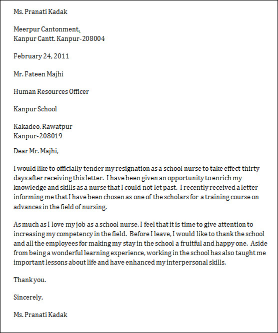 school nurse resignation letter