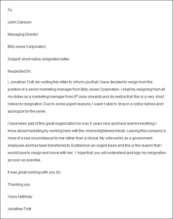 employee resignation letter advance notice