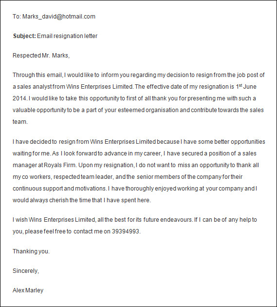 formal resignation letter email