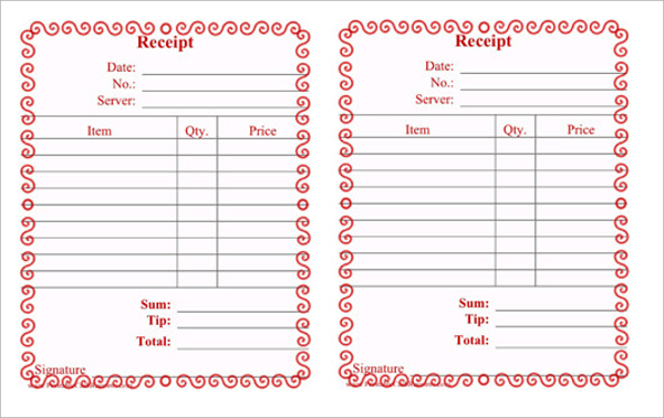 Printable Restaurant Receipt Template