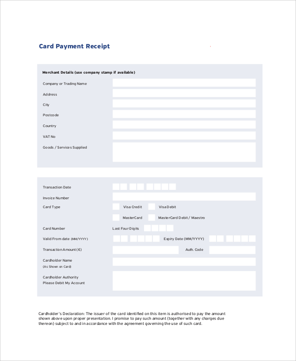 card payment receipt sample