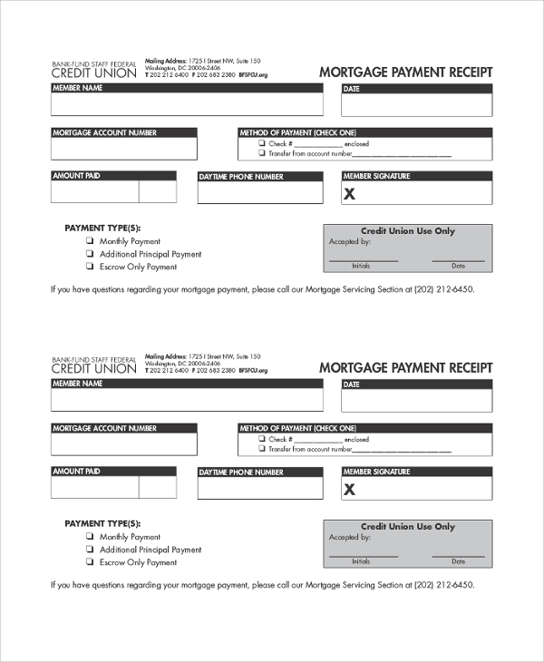 mortgage payment receipt sample