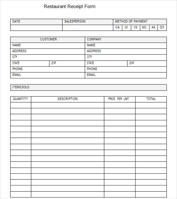 restaurant receipt form template