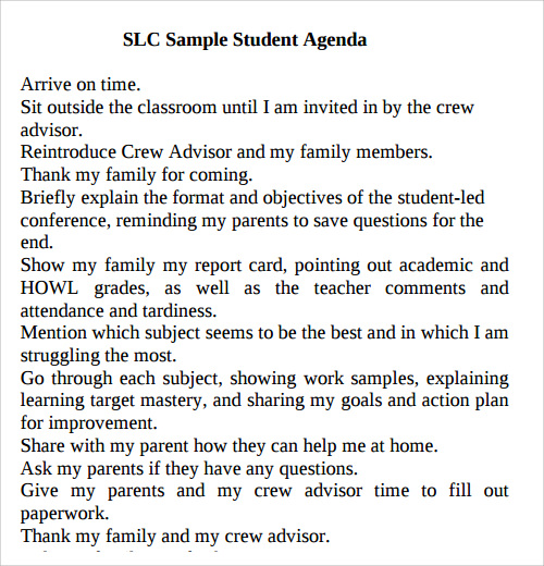 sample student agenda template pdf