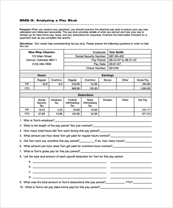 Pay Stub Worksheet Answers