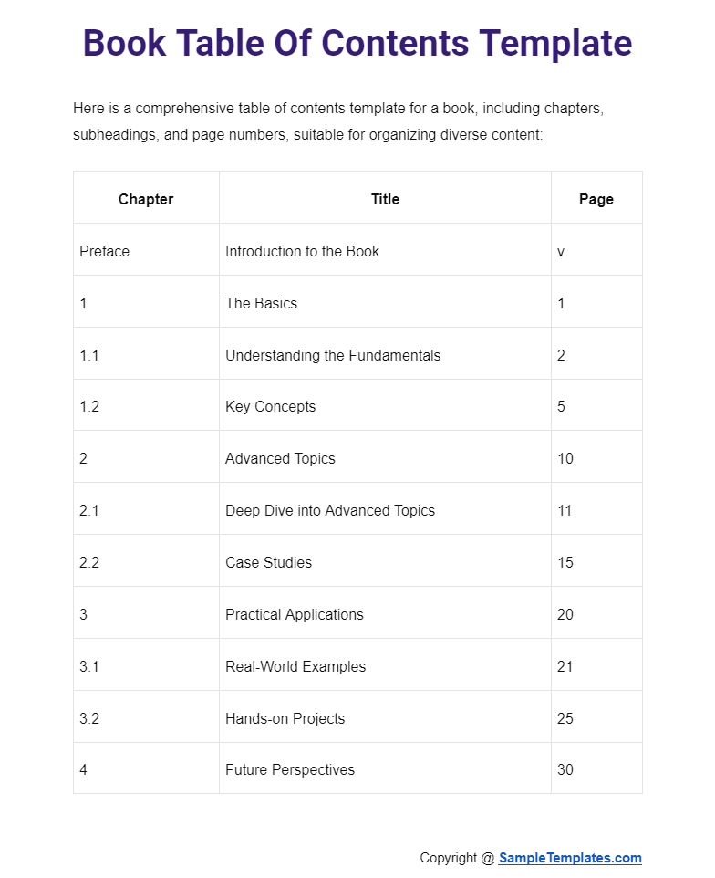 book table of contents template