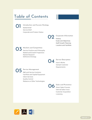 table of contents in business plan sample