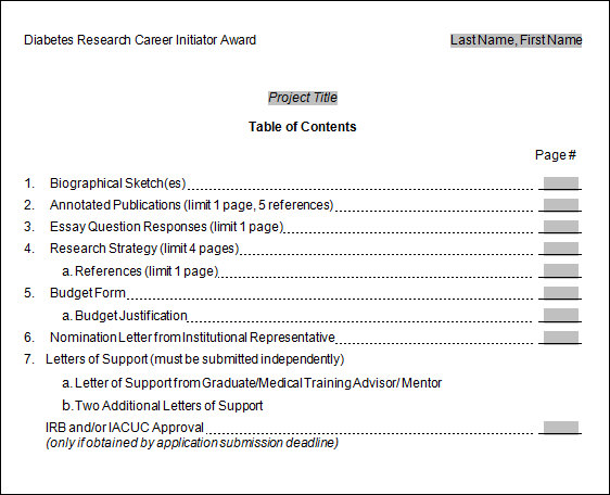 free table of contents template