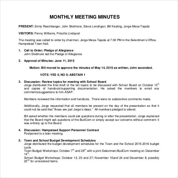 How to write minutes for meetings example