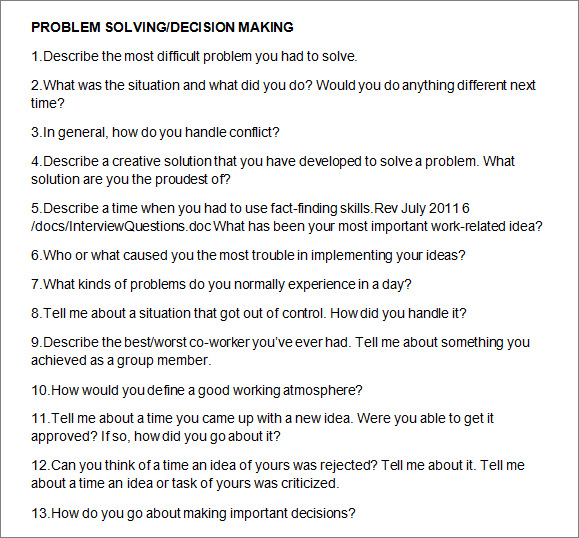interview questions about decision making and problem solving