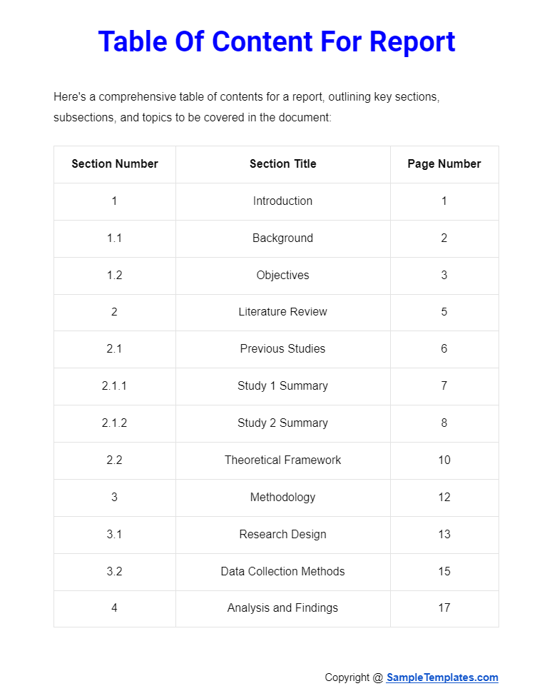 table of content for report