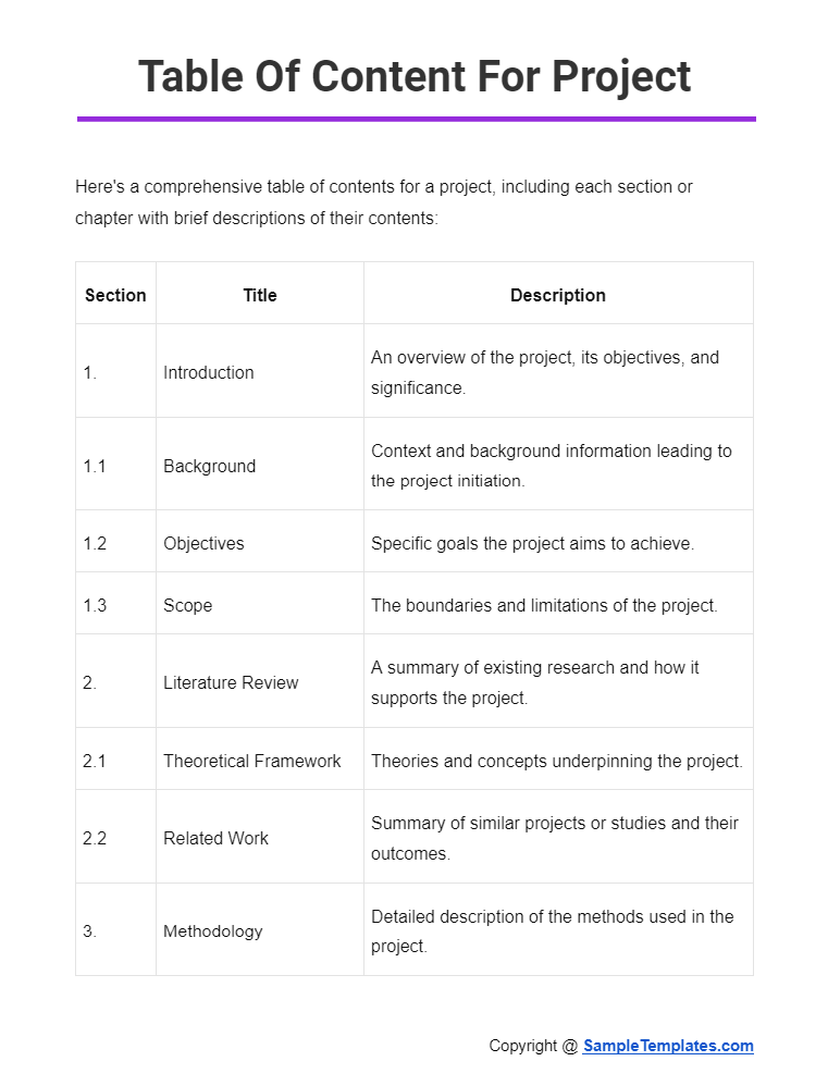 table of content for project