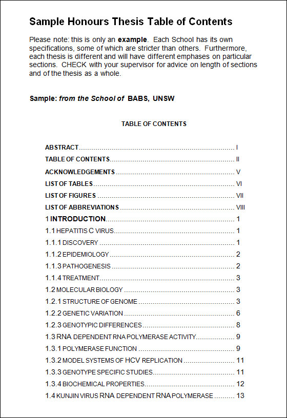 table of contents in thesis