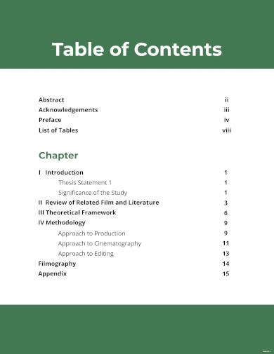 thesis table of contents word