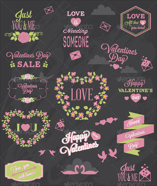 valentine’s day labels elements set