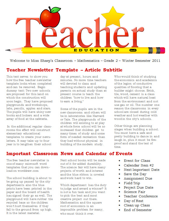 newsletter template for teacher