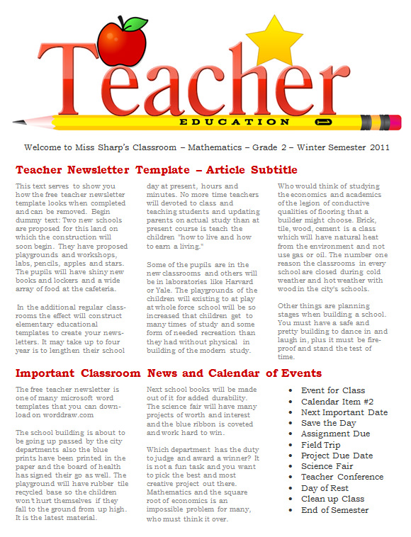 teacher newsletter examples to parents