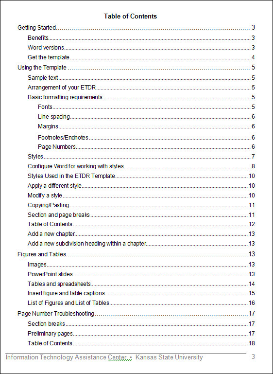 format manual table of contents word