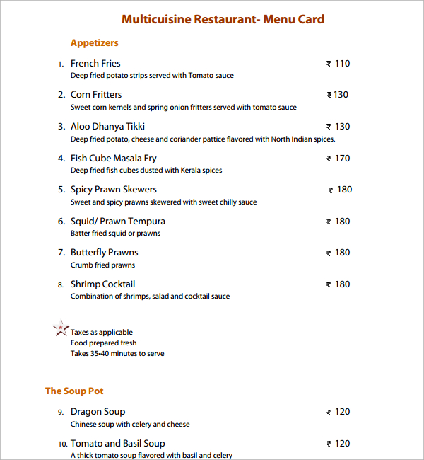 multicuisine restaurant menu card