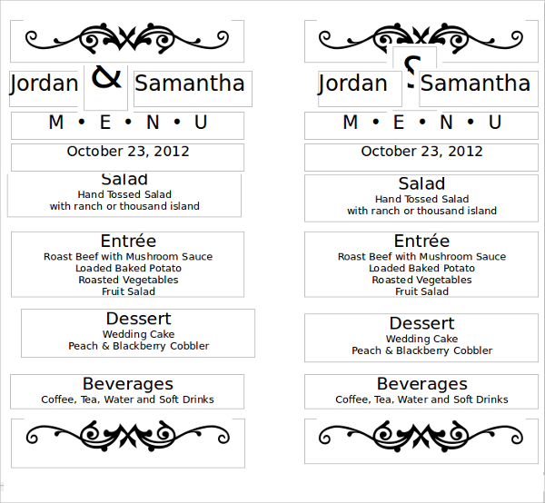 sample wedding menu card template