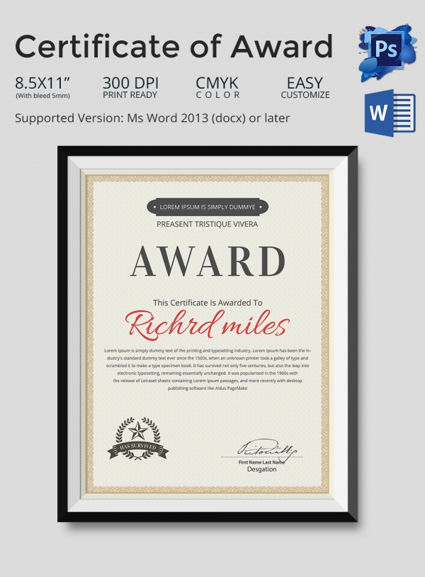 Award Certificate Template - 29+ Download in PDF, Word, Excel, PSD, ESP
