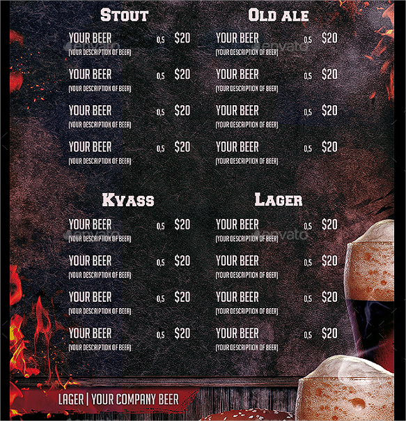 sports bar menu template