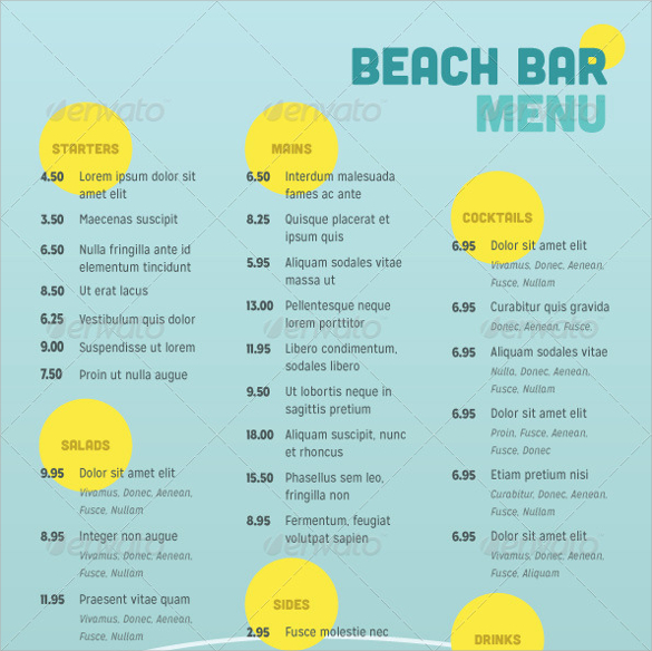 beach bar menu template