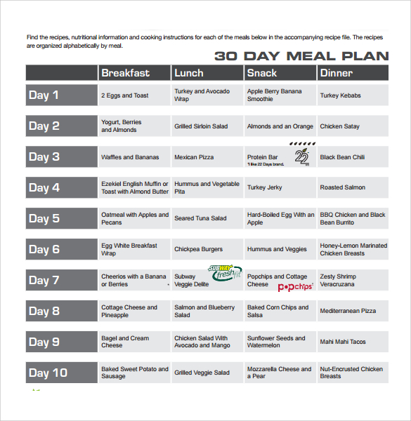 30 days diet menu template
