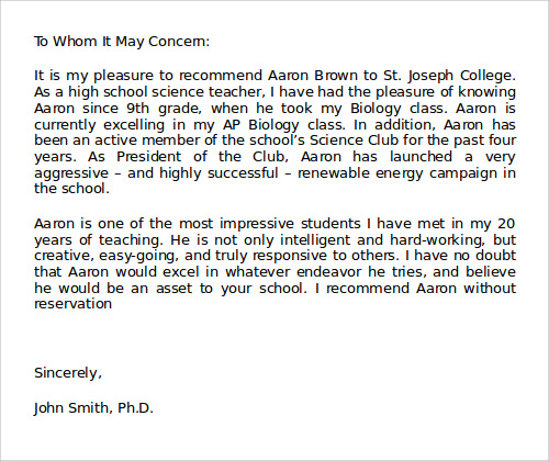 college recommendation letter from teacher