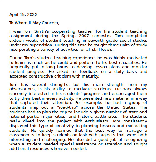 sample letter of recommendation for teacher