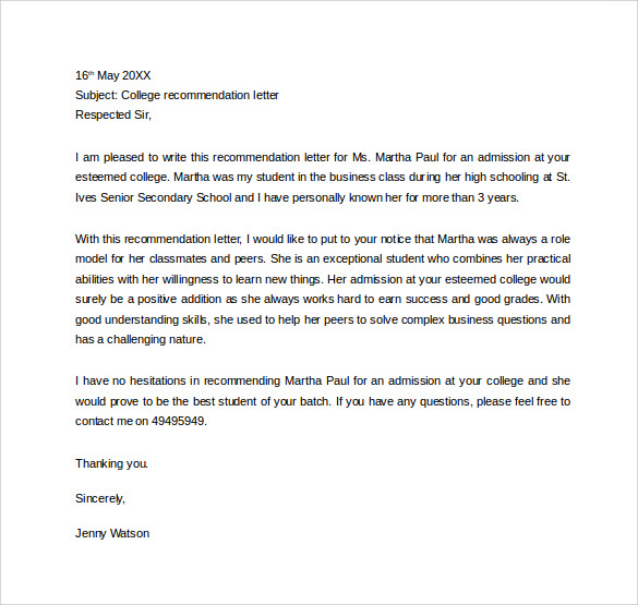 recommendation portfolio senior letter Sample 21 Recommendation â€“  DOC of Letters Personal PDF,