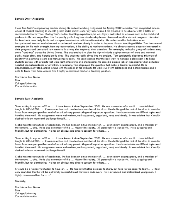 letter of recommendation for academic graduate school