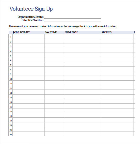 volunteer sign up sheet template